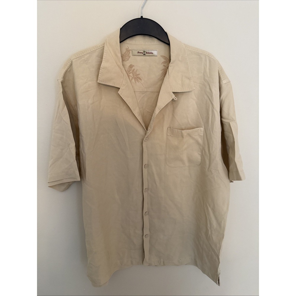 Tommy Bahama Button‎ Up Short Sleeve 100% Silk Shirt Men XL Beige Palm Trees